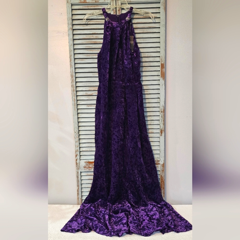 NWT LAUREN RALPH LAUREN 4 Purple Floral Velvet Romantic Goth Maxi Halter Dress - Picture 3 of 7